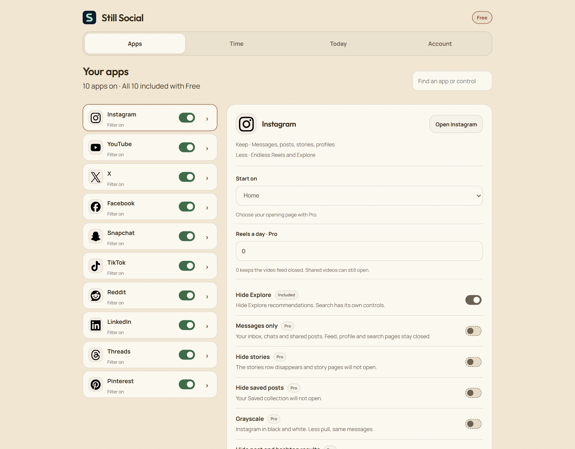 Still Social browser companion showing enabled apps and Instagram controls