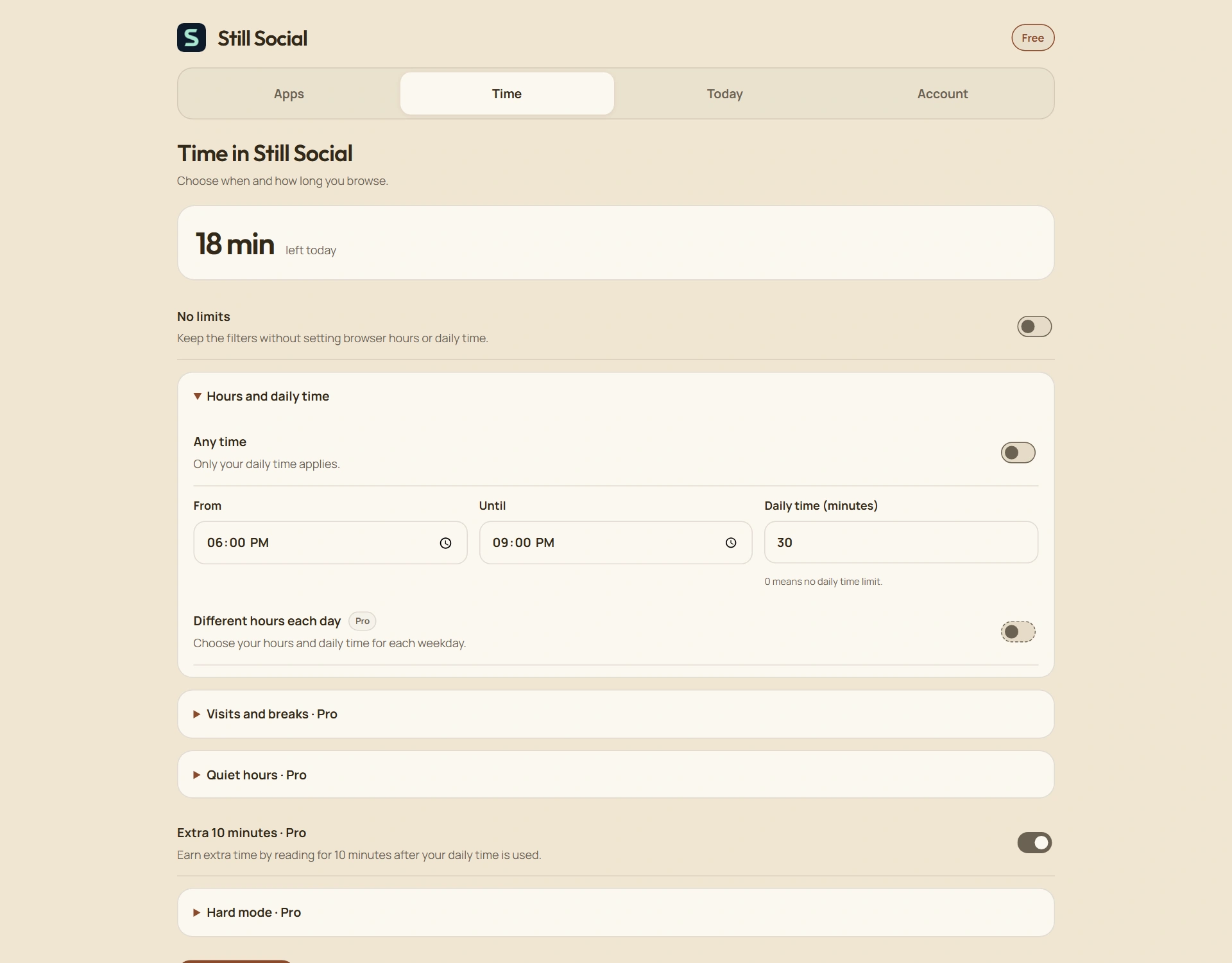 Browser hours and daily time in the Still Social extension