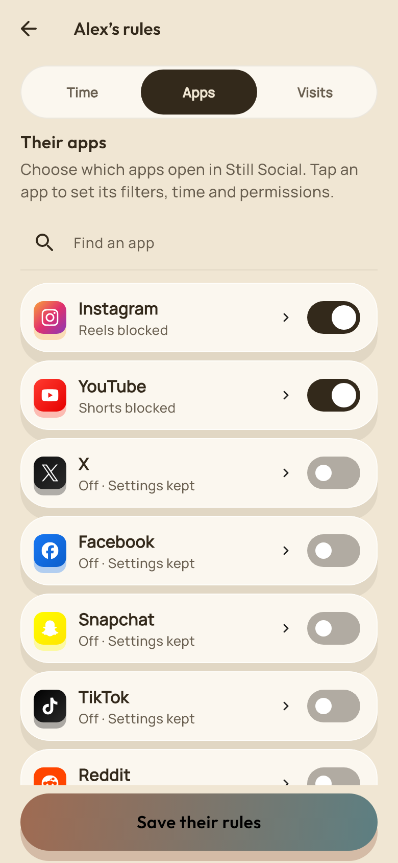 Parent app choices for a sample child