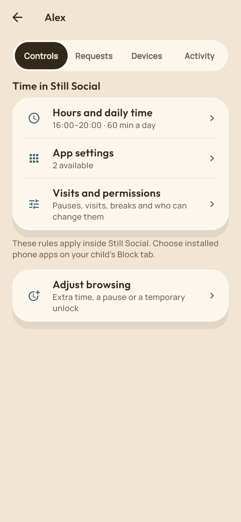 A sample child’s controls with Requests, Devices and Activity tabs in Still Social Family
