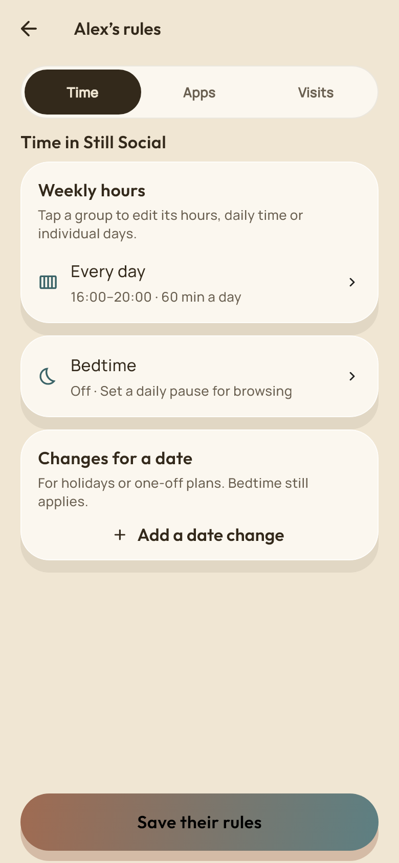 Sample child time settings in Still Social Family
