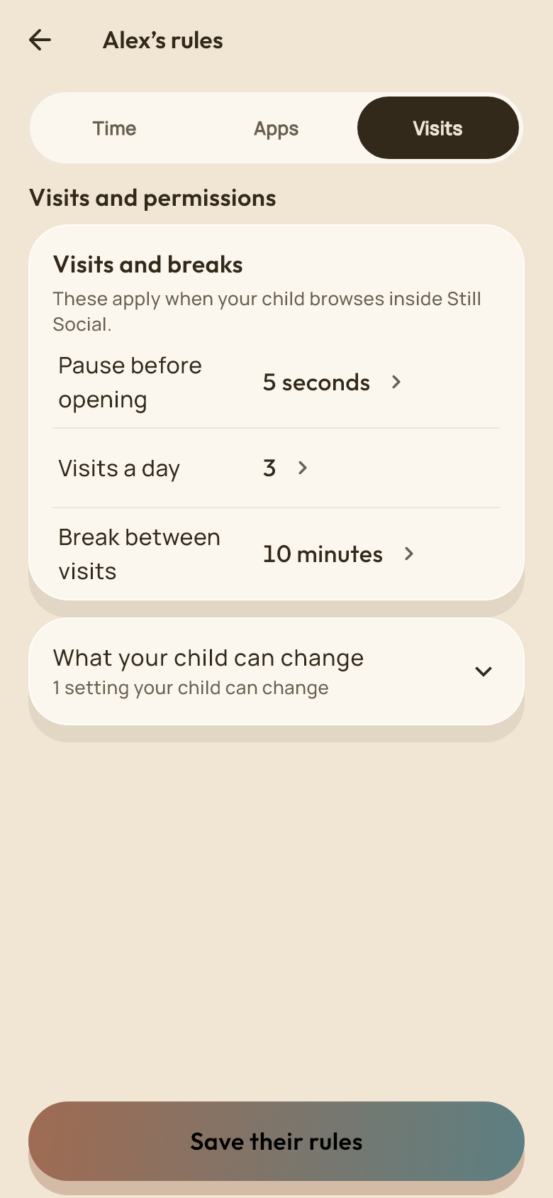 Parent-managed pause, visits and breaks for a sample child