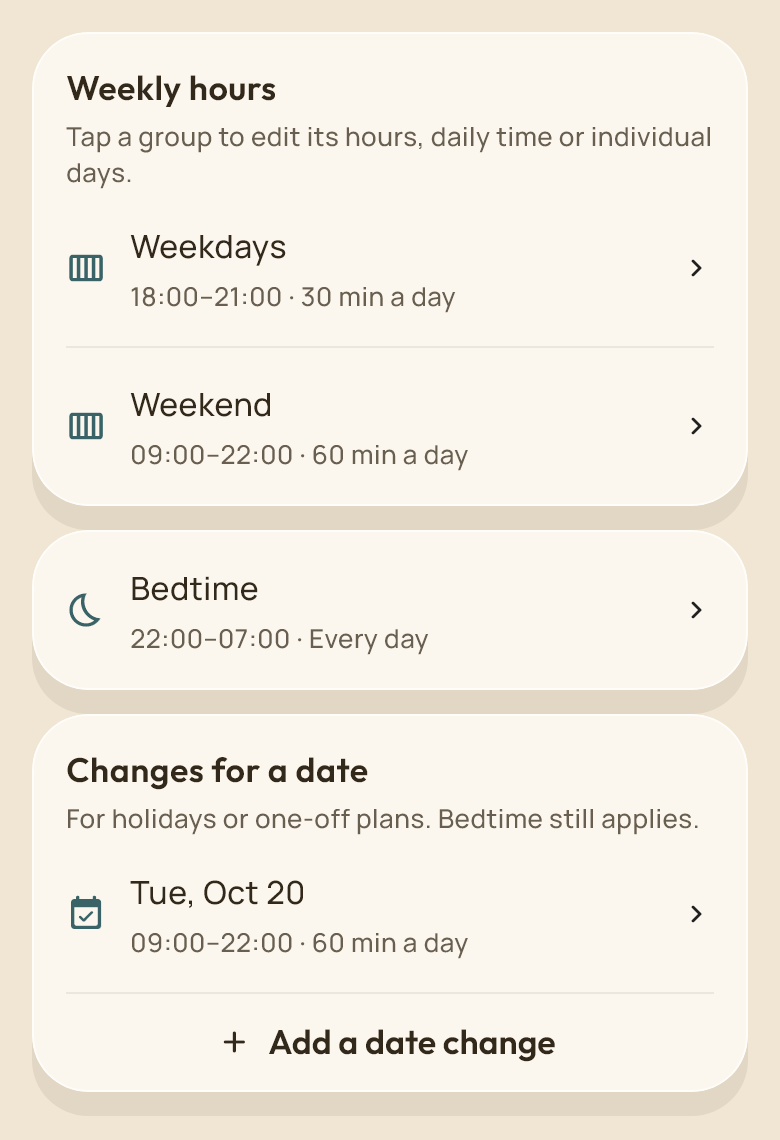 Weekly hours, bedtime and one-off date changes in Still Social Family
