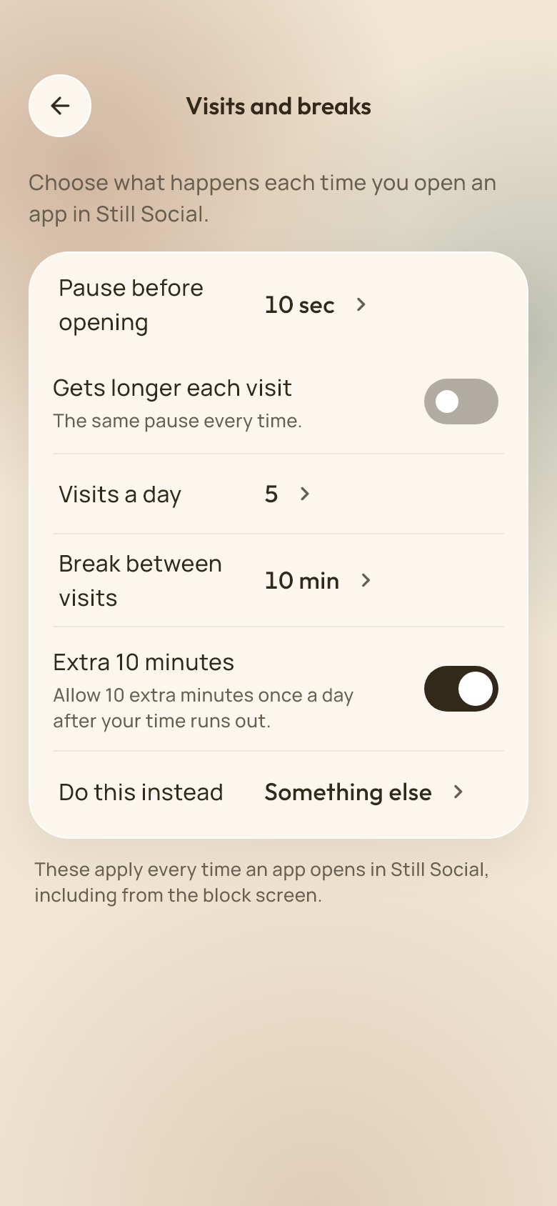 Pause, visits and breaks settings in Still Social with example choices
