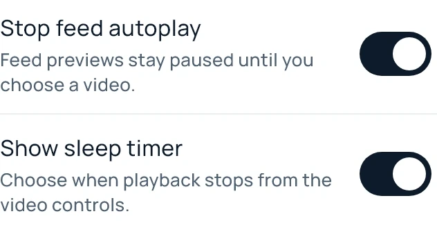 Still Social YouTube autoplay and sleep timer settings