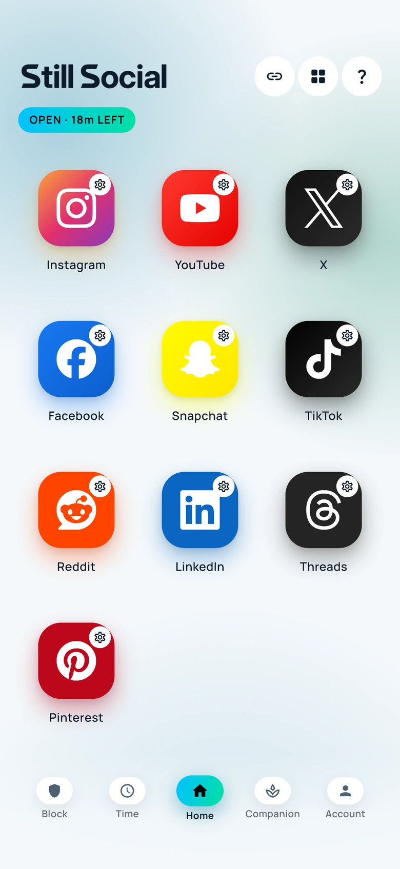 Still Social Home with the ten supported social apps