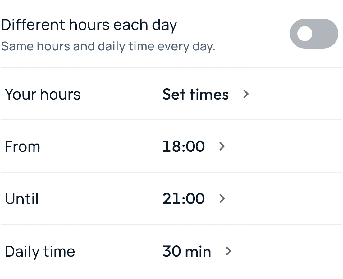Opening hours and daily time controls inside Still Social