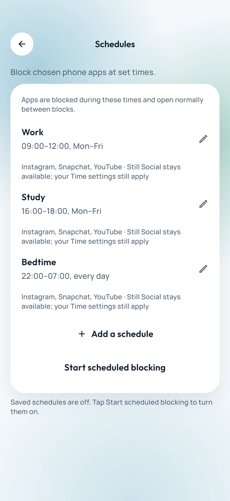 Work, Study and Bedtime phone-app schedules in Still Social