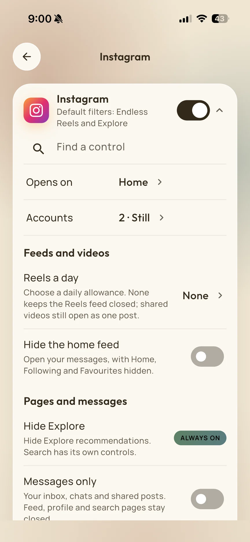 Instagram settings showing the opening page and account choices inside Still Social