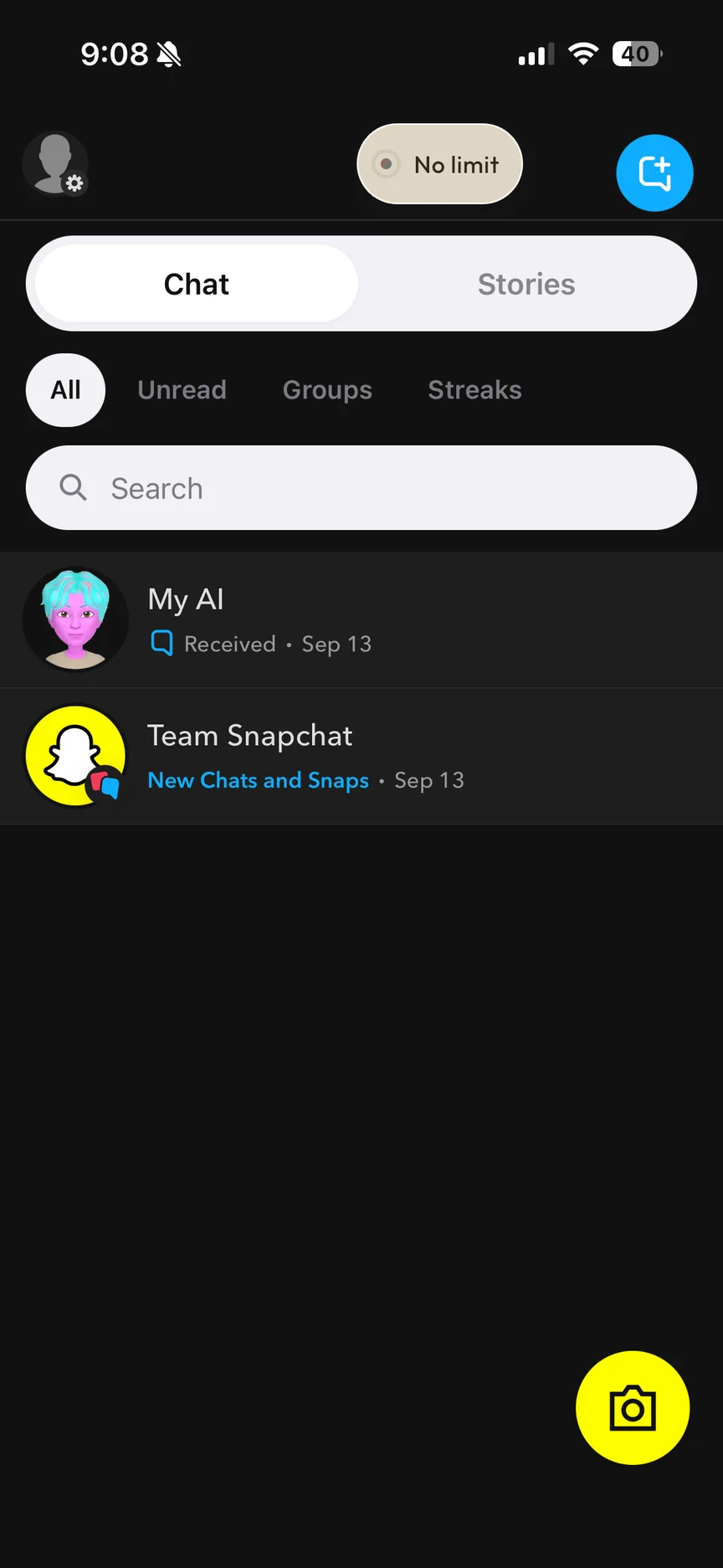 Snapchat inside Still Social showing Chat, friends’ Stories and camera, without Discover or Spotlight navigation.