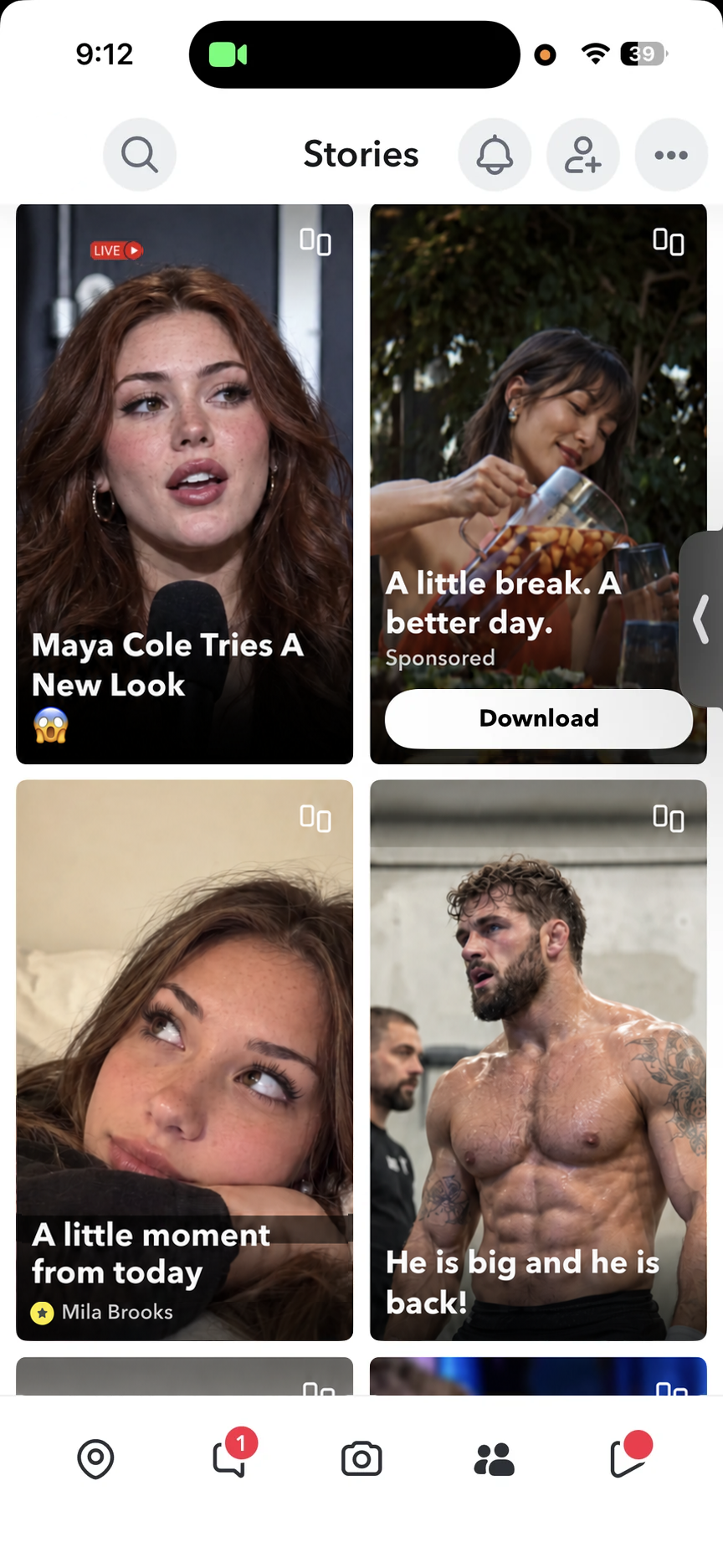 Snapchat before filtering, with Discover recommendations and Spotlight navigation