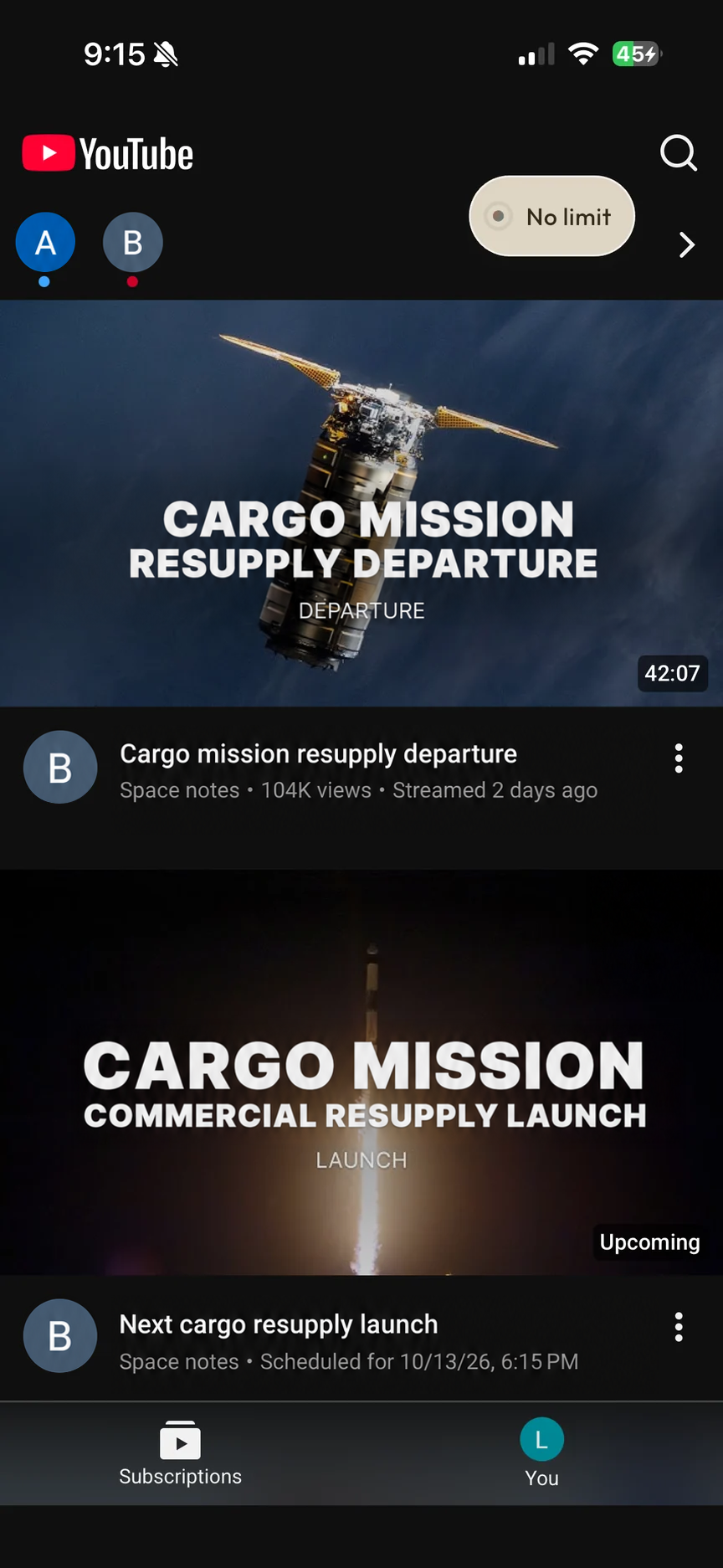 YouTube inside Still Social showing subscriptions. Subscriptions and You remain; the Shorts shortcut is absent.