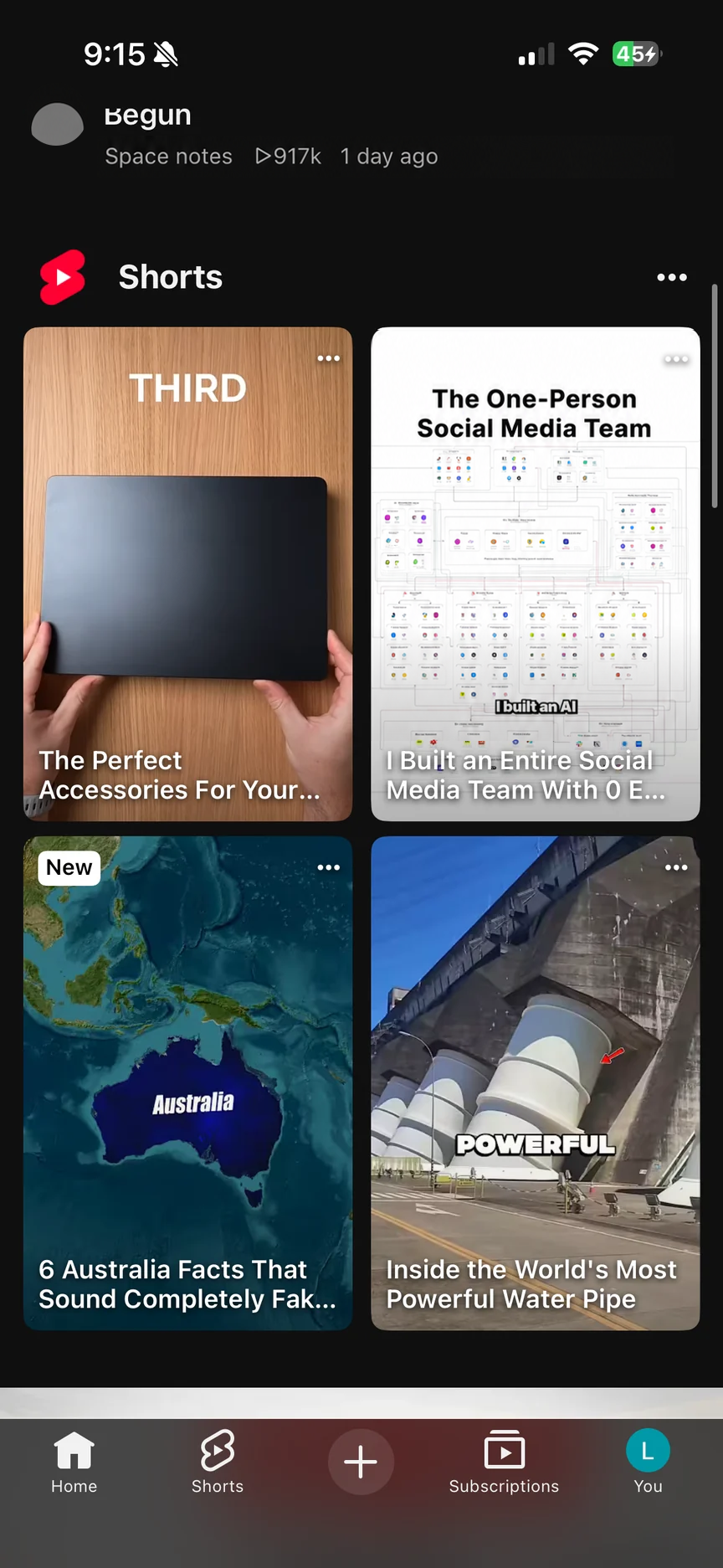 YouTube with the Shorts grid and Shorts shortcut in its bottom navigation