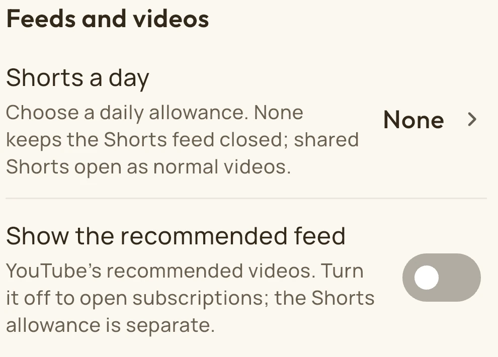 Still Social YouTube Shorts allowance and recommendations settings