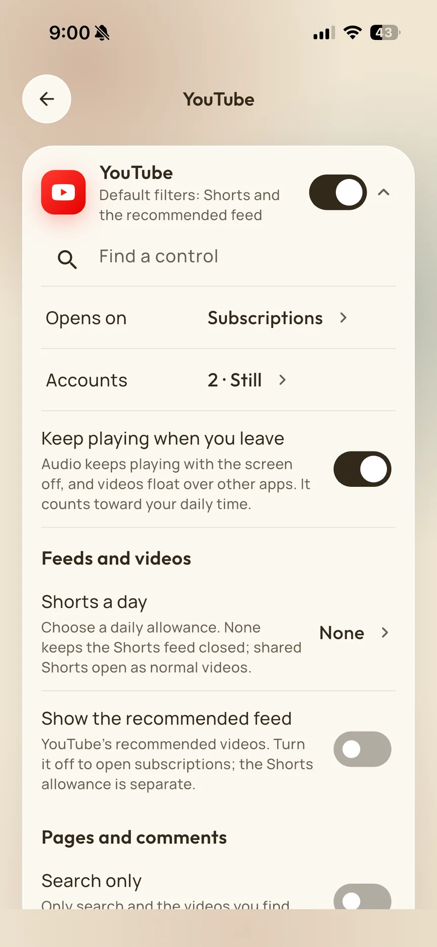 YouTube settings including Keep playing when you leave